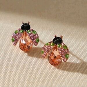 NEW! Chic Ladybug Petite Gold Earrings with Multicolor Crystals